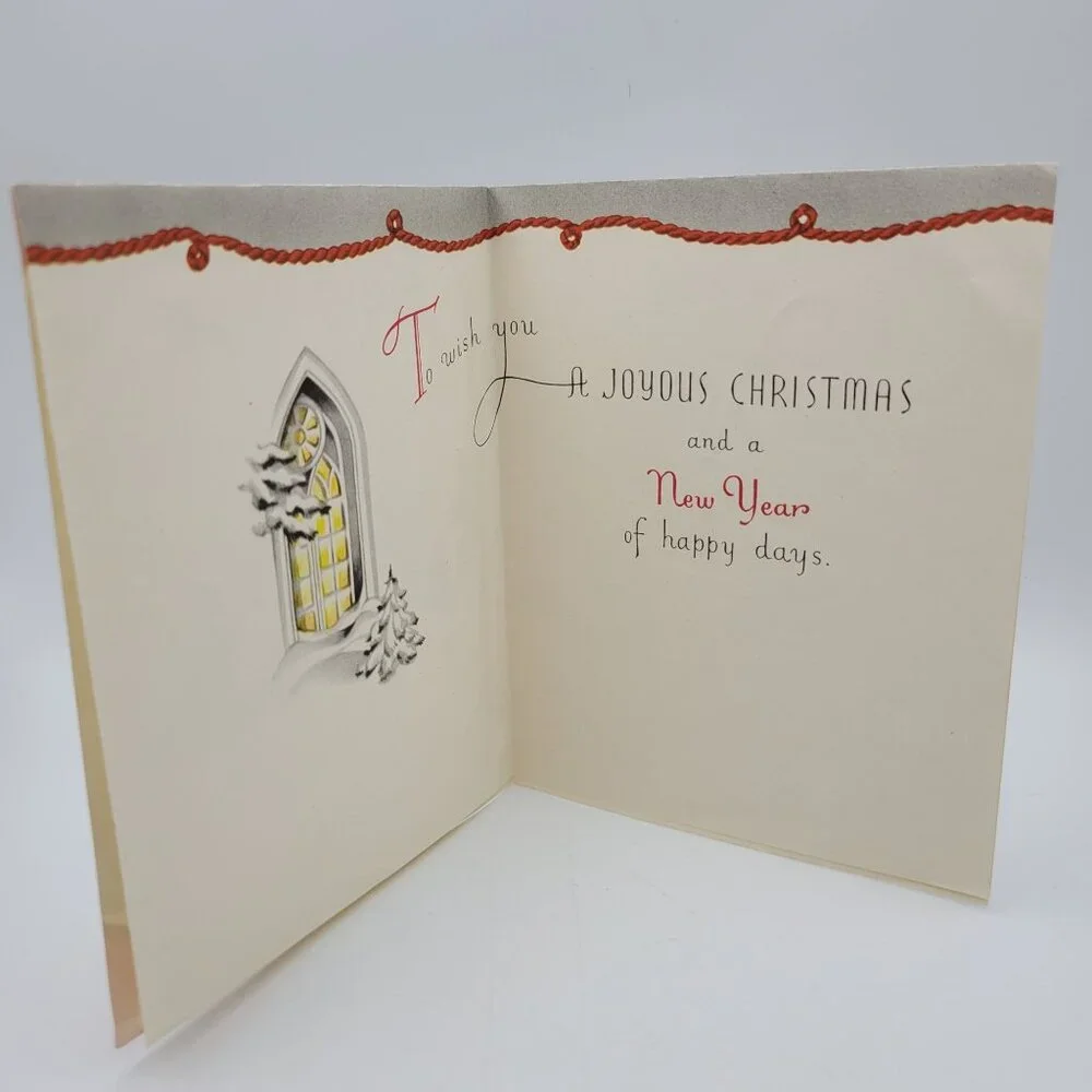 Vintage Silent Night Christmas Card With Red Rope Design &‎ Snowy Church Scene